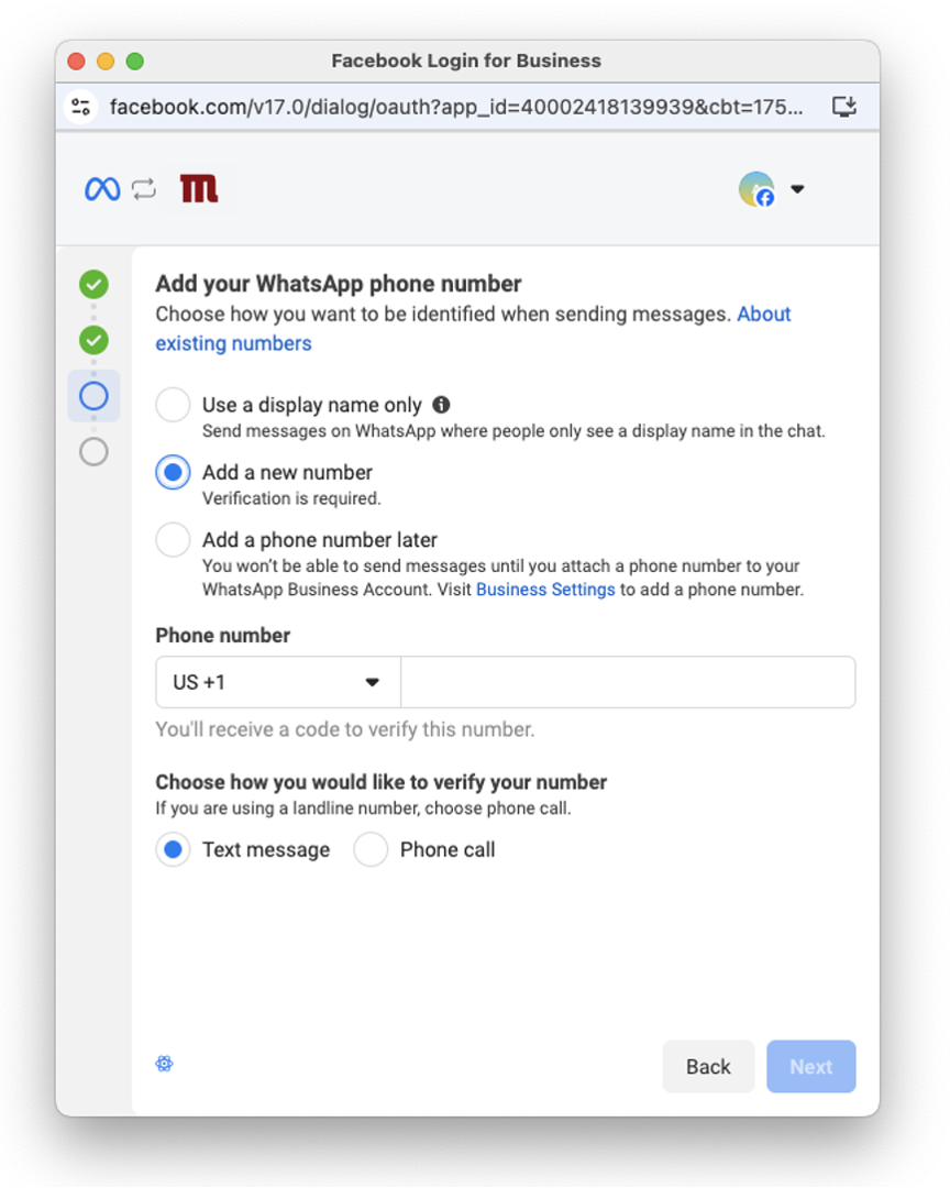 screenshot inside Meta of adding a new WhatsApp business phone number to connect to Modica Group for access to the WhatsApp Business API