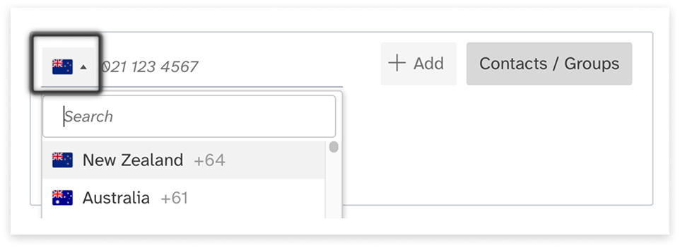 colourful screenshot showing options to add recipients when sending a New Message in Web2SMS UI